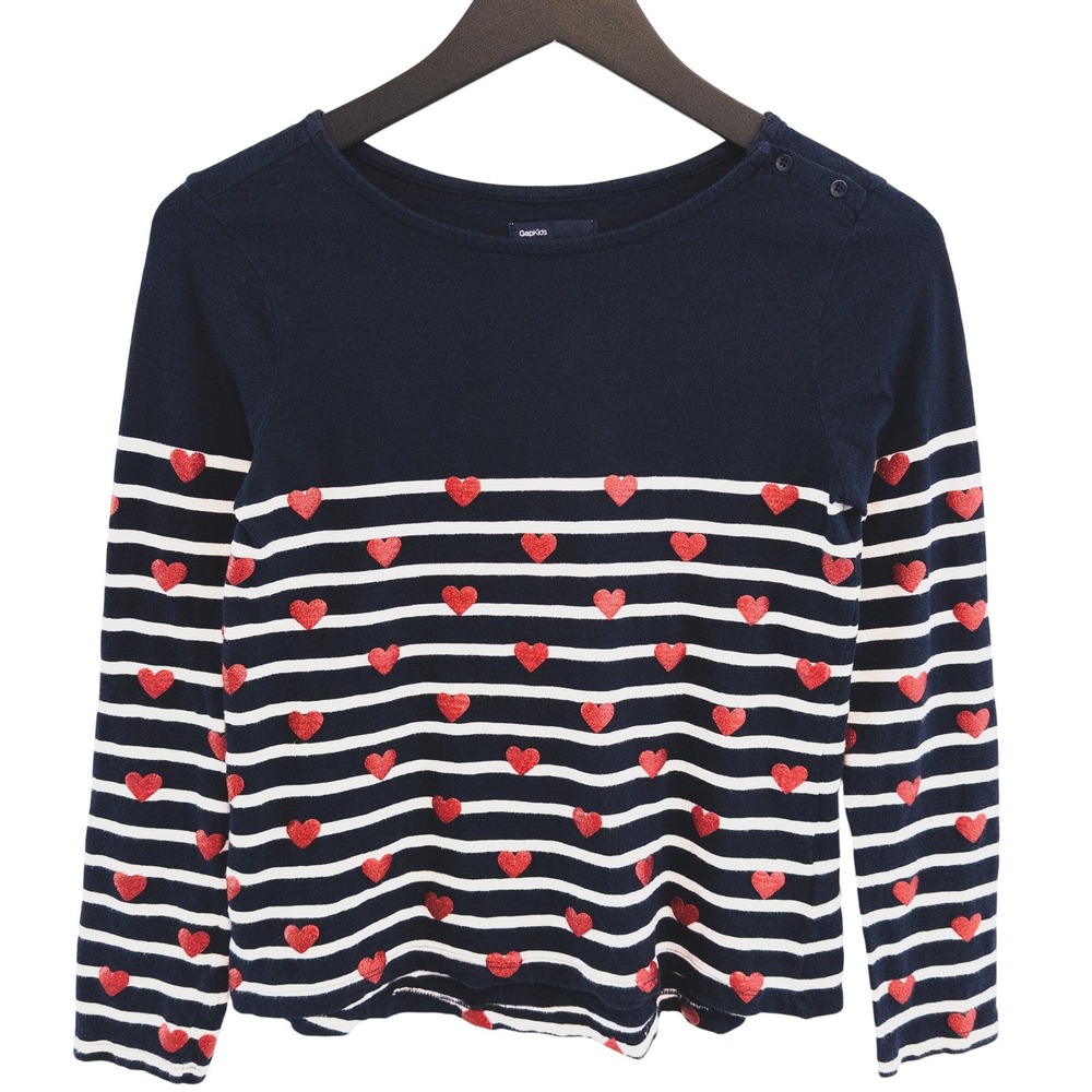 GapKids‎ Shirt Girls XXL 14-16 Blue White Striped Red Glitter Heart Kidcore